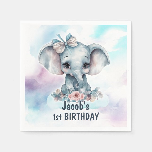 Cute Elephant 1st Birthday Party Napkins (Front)