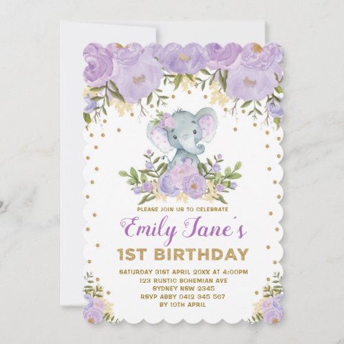 Cute Elephant 1st Birthday Purple Gold Flowers Invitation