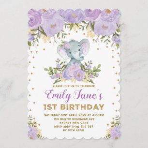 Cute Elephant 1st Birthday Purple Gold Flowers Invitation