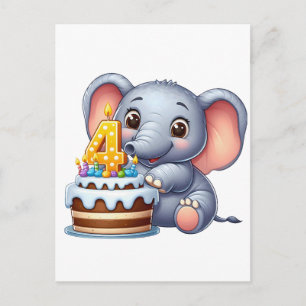 Cute Elephant 4th Birthday Postcard