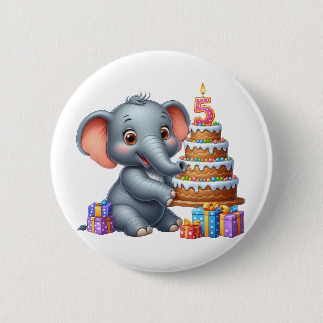 Cute Elephant 5th Birthday Button (Front)
