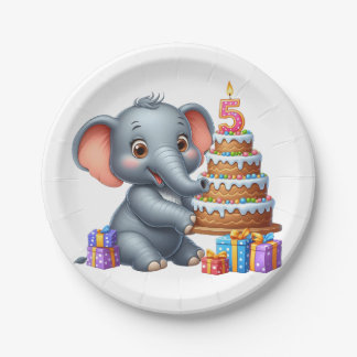 Cute Elephant 5th Birthday Paper Plates