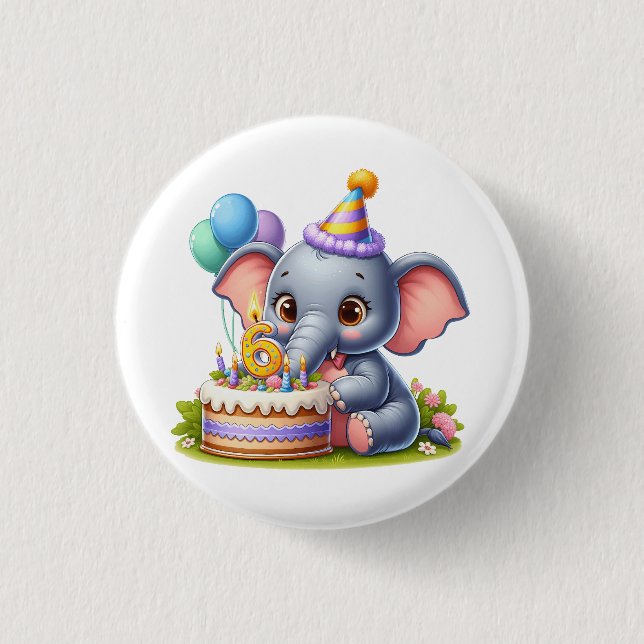 Cute Elephant 6th Birthday Button (Front)