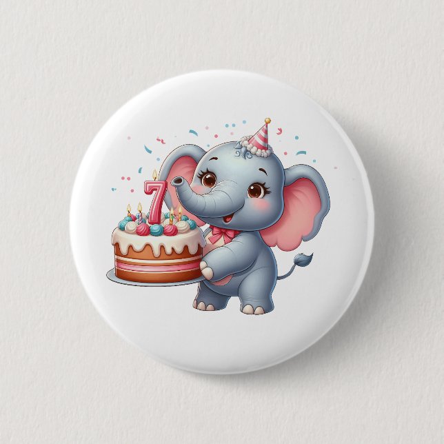 Cute Elephant 7th Birthday Button (Front)