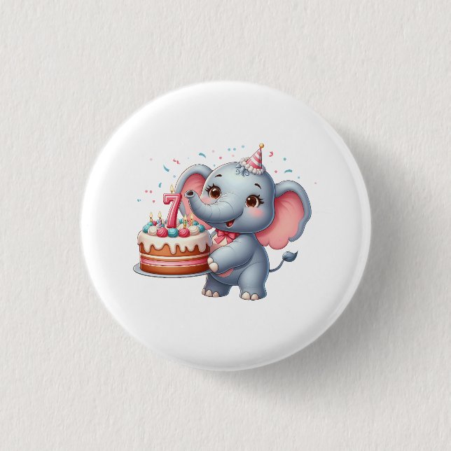 Cute Elephant 7th Birthday Button (Front)
