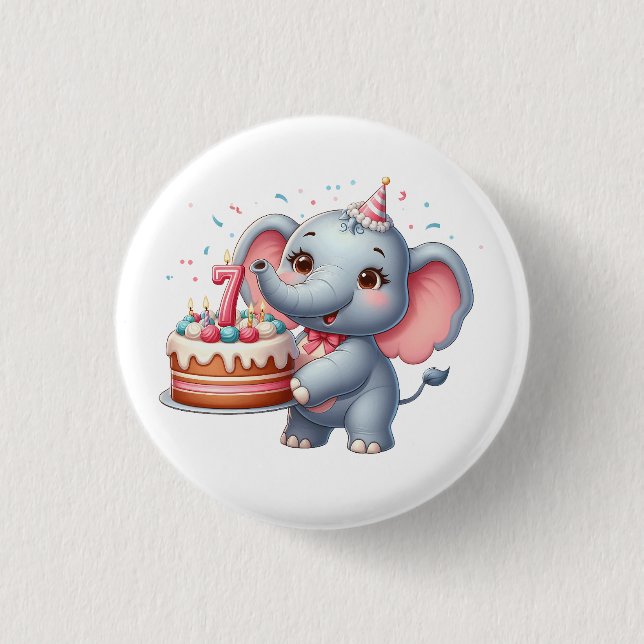 Cute Elephant 7th Birthday Button (Front)