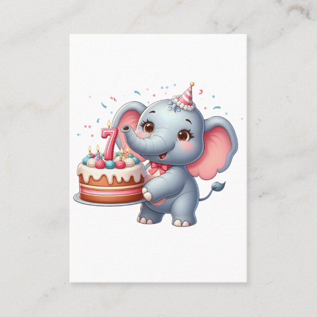 Cute Elephant 7th Birthday Calling Card (Front)