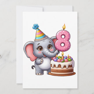 Cute Elephant 8th Birthday Invitation