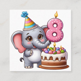 Cute Elephant 8th Birthday Square Business Card