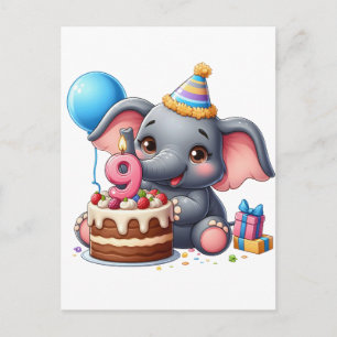 Cute Elephant 9th Birthday Announcement Postcard