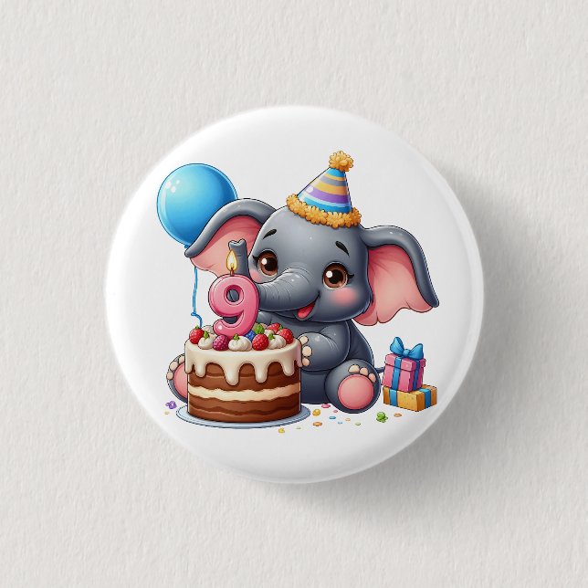 Cute Elephant 9th Birthday Button (Front)