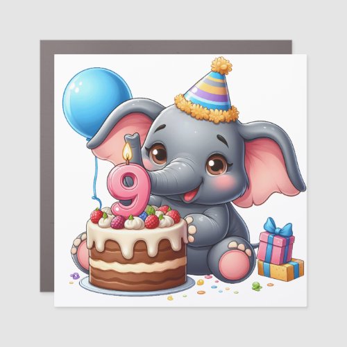 Cute Elephant 9th Birthday Car Magnet