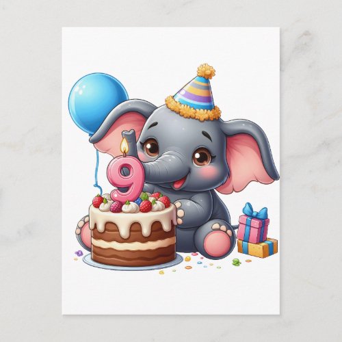Cute Elephant 9th Birthday Invitation Postcard
