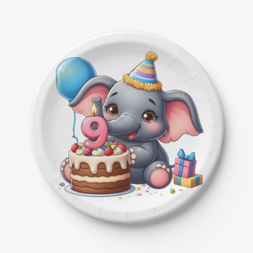 Cute Elephant 9th Birthday Paper Plates