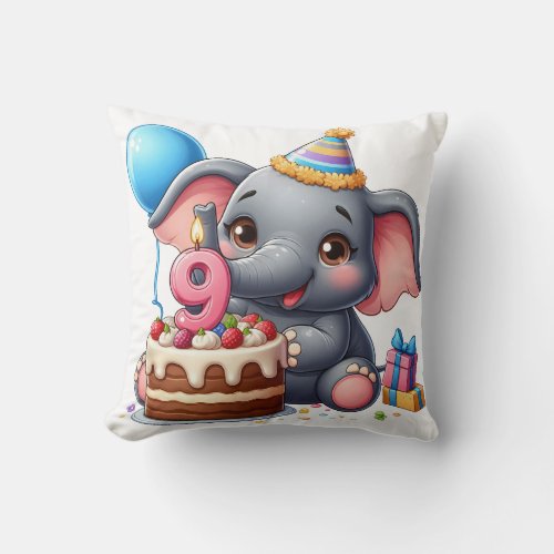 Cute Elephant 9th Birthday Throw Pillow
