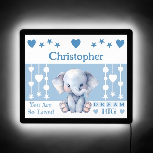Cute elephant add name dream big stars blue LED sign