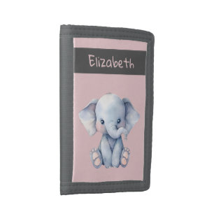 Cute elephant add name kids tri-fold wallet