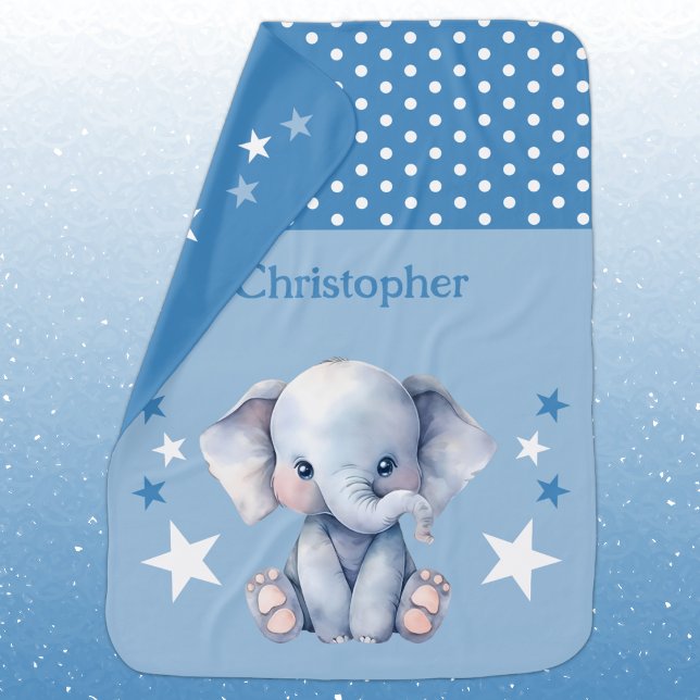 Cute elephant add name polka dots stars blue baby blanket (Creator Uploaded)