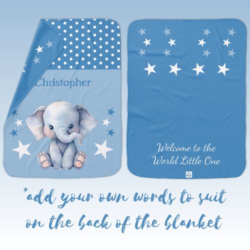 Cute elephant add name polka dots stars blue baby blanket