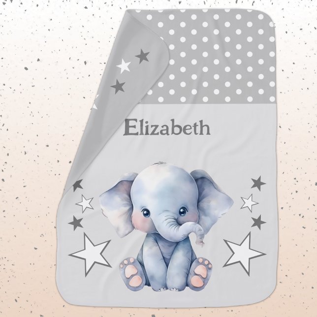 Cute elephant add name polka dots stars grey baby blanket (Creator Uploaded)