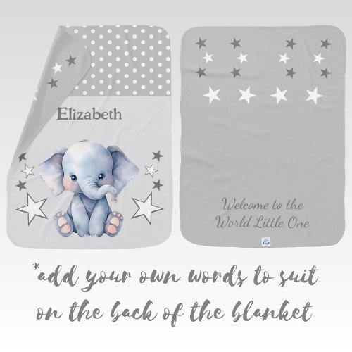 Cute elephant add name polka dots stars grey baby blanket