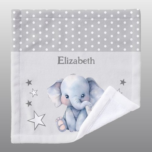 Cute elephant add name polka dots stars grey wash cloth