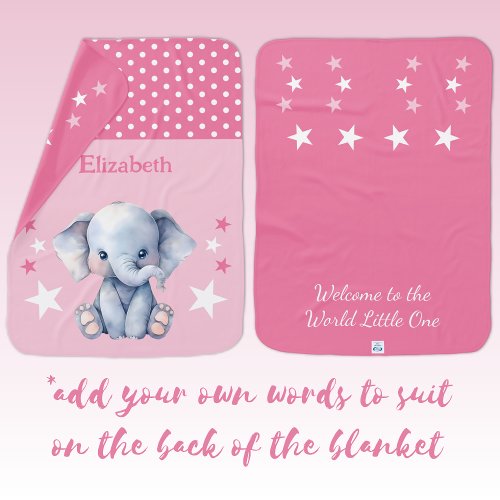 Cute elephant add name polka dots stars pink baby blanket