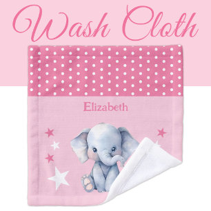 Cute elephant add name polka dots stars pink wash cloth