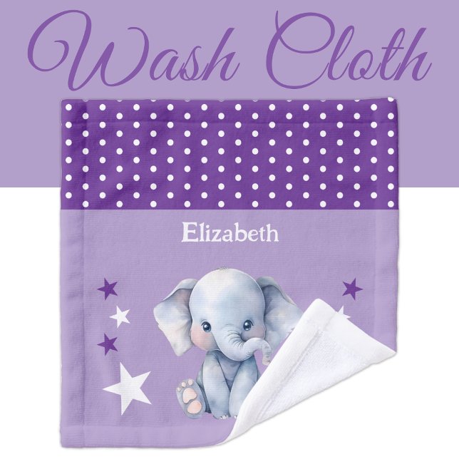 Cute elephant add name polka dots stars purple wash cloth (Creator Uploaded)