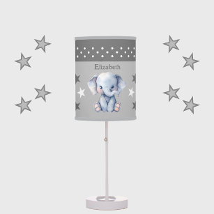 Cute elephant add name stars grey table lamp