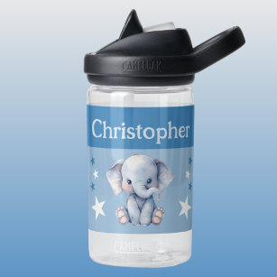 Cute elephant add name with stars kids blue water bottle