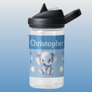 Cute Elephant Add Name With Stars Kids Blue Water Bottle by LynnroseDesigns at Zazzle