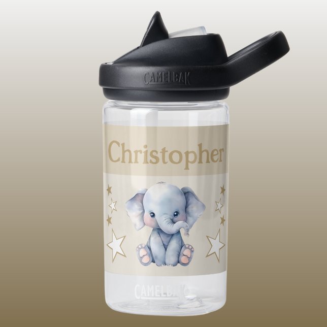 Cute elephant add name with stars kids brown water bottle (Creator Uploaded)