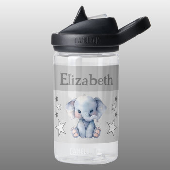 Cute Elephant Add Name With Stars Kids Grey Water Bottle by LynnroseDesigns at Zazzle