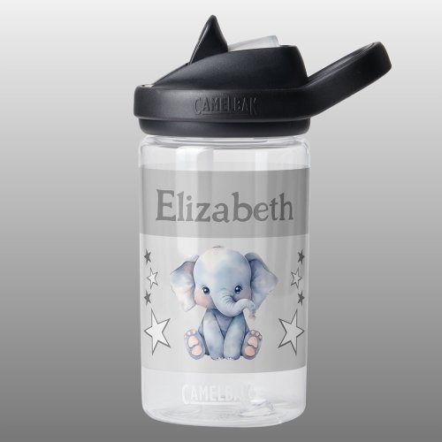 Cute elephant add name with stars kids grey water bottle