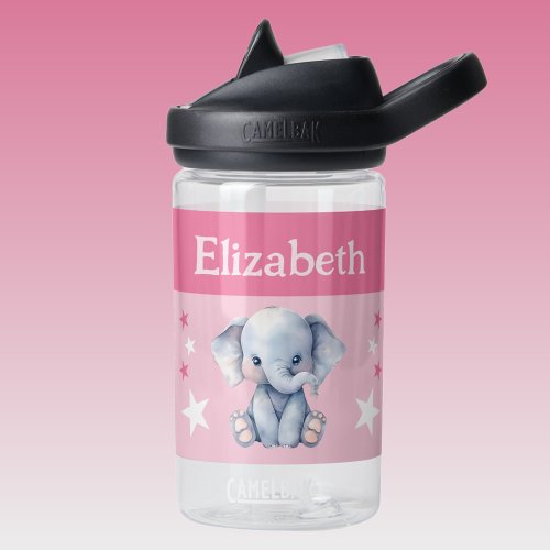 Cute elephant add name with stars kids pink water bottle