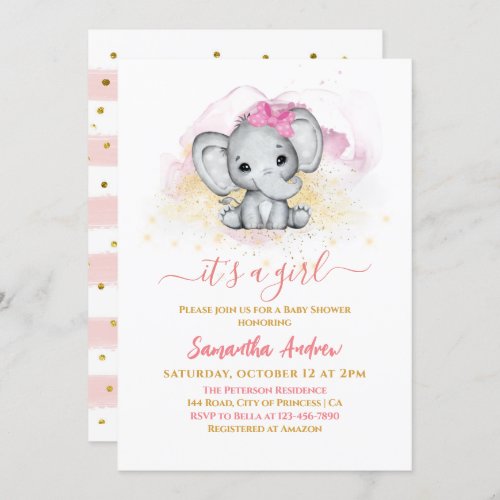 Cute Elephant Adorable Rose Gold Baby Girl Shower Invitation