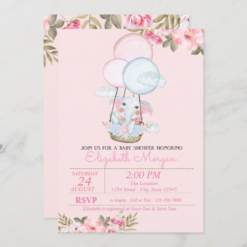 Cute ElephantAir Balloon Floral Baby Shower Invitation