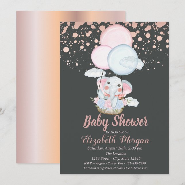 Cute Elephant,Air Balloon,Rose Gold Baby Shower Invitation (Front/Back)