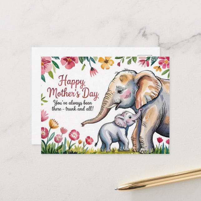 Cute Elephant and Baby Floral Mothers Day  Postcard (Front/Back In Situ)