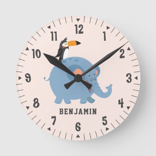 Cute Elephant and Bird Boys Room Decor Custom Round Clock