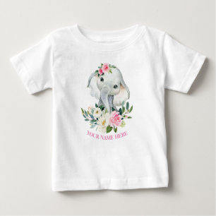 Cute Elephant and BLush Pink Floral 1st birthday Baby T-Shirt