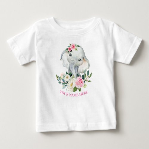 Cute Elephant and BLush Pink Floral 1st birthday Baby T_Shirt