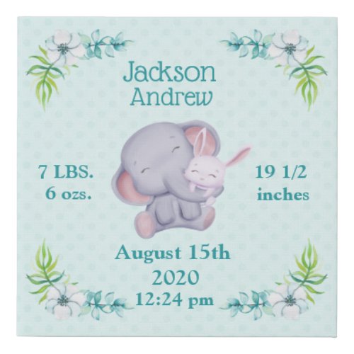 Cute Elephant And Bunny Birth Information Faux Canvas Print