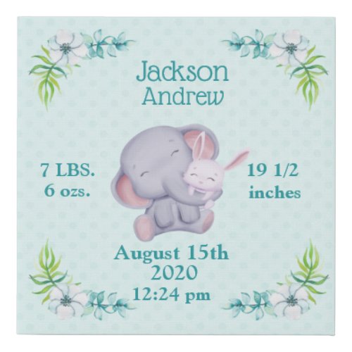 Cute Elephant And Bunny Birth Information  Faux Canvas Print
