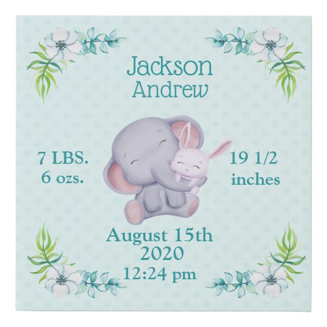 Cute Elephant And Bunny Birth Information  Faux Canvas Print (Front)