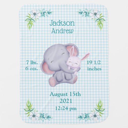 Cute Elephant And Bunny Birth Record Baby Blanket