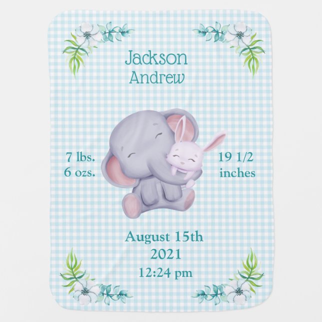 Cute Elephant And Bunny Birth Record Baby Blanket (Front)