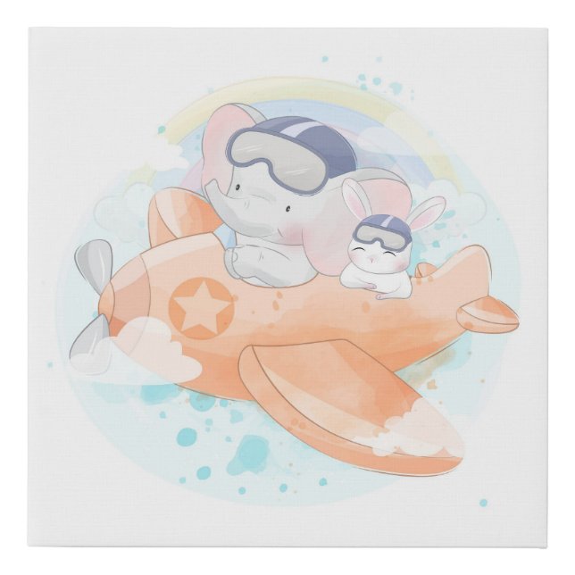 Cute Elephant and Bunny Faux Canvas Print (Front)
