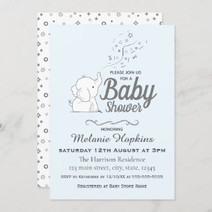 Cute Elephant and Confetti Blue Baby Shower Invitation